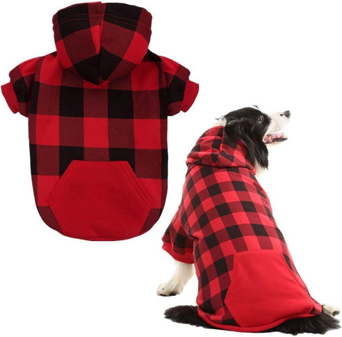 KOOLTAIL Plaid Dog Hoodie Pet Clothes Sweater with Hat and Pocket for Small to Large Dogs, Red XXL