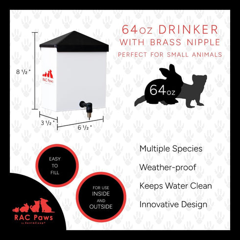 RentACoop 64oz (2L) Small Animal Drinker - No-Drip Brass Nozzle for Small Pets, Bunnies, Guinea Pigs