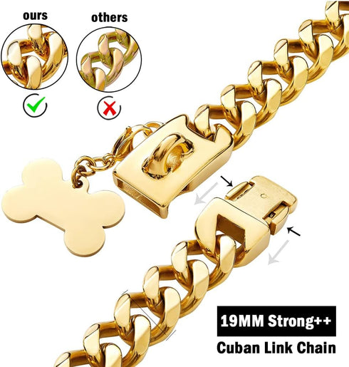Gold Dog Chain Collar with Secure Buckle & ID Tag, 18K Cuban Link Heavy Duty Chew Proof for Medium Dogs (19MM, 16'')