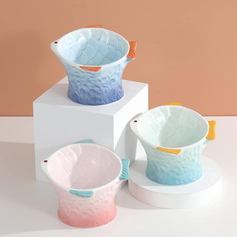 Raised Tilted Ceramic Cat Food Bowl, Cute Pink Fish Shape Elevated Dish for Kitty Feeding, Anti Vomiting