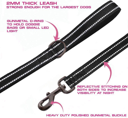 JSXD Heavy Duty Dog Leash - 5 FT Double Handle with Padded Reflective Rope for Small to Large Dogs