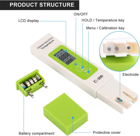 C-100 5 1 Multifunctional in Salinity TDS EC Seawater Test Pen Water Quality Tester Detector