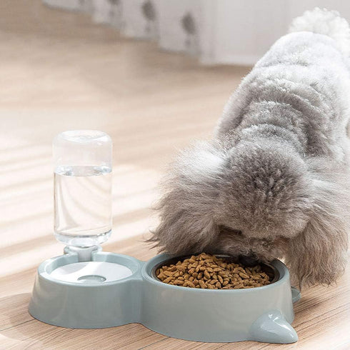 Love Dream Double Dog Cat Bowls - Detachable Stainless Steel Bowl Set with Automatic Water Dispenser (Gray)