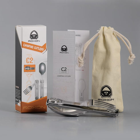 Roxon C2 Camping Utensil, 2 in 1 Detachable Folding Cutlery with Fork & Spoon for Outdoor, Hiking, Easy Carry