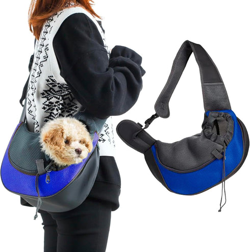 Small Dog & Cat Sling Carrier Bag, Breathable Mesh Hand-Free Satchel with Adjustable Strap for Outdoor Travel (Blue,
