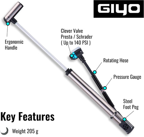 GIYO GM741 High Precision Portable Bike Pump with Gauge, 140 PSI, Universal Valve