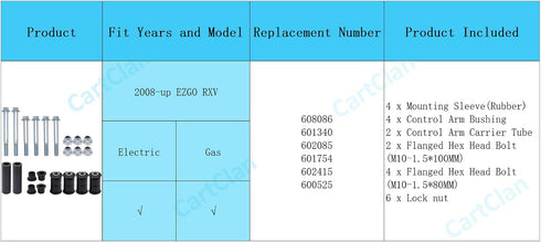 Golf Cart A Arm Suspension Bushing and Sleeve Kits for EZGO RXV #608086 601340 602085 601754 602415 600525