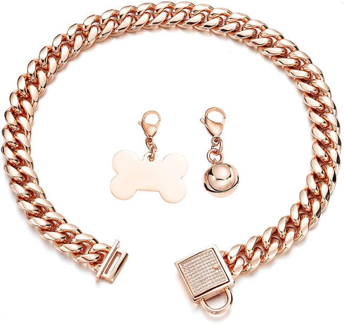 Rose Gold Dog Chain Collar with CZ Design Buckle - Stainless Steel Cuban Link Collar for Boys Girls (14mm, 24'')
