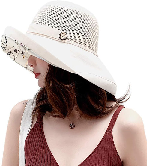 Women's Foldable Fishing Hat, Mesh Sun Hats, Wide Brim Summer Outdoor UV Protection Beach Bucket Cap with Chin Strap
