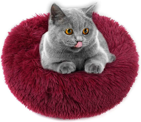 otoez Kitten Puppy Bed, Extra Small Round Dog Cat Beds, Anti-Anxiety Plush Calming Donut Bed, Washable (15.7", Dark Red)