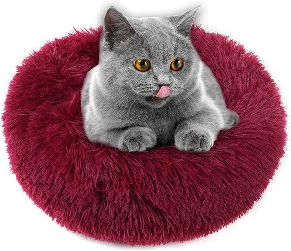 otoez Kitten Puppy Bed, Extra Small Round Dog Cat Beds, Anti-Anxiety Plush Calming Donut Bed, Washable (15.7", Dark Red)