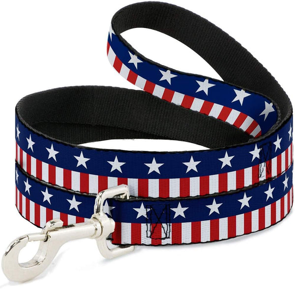Buckle-Down Dog Leash - Americana Stars Stripes, Blue White Red, 6 Feet Long, 1.5 Inch Wide