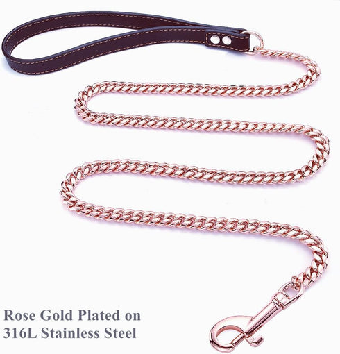 Rose Gold Dog Chain Leash, 10MM/14MM Curb Cuban Link, Strong Chew Proof Stainless Steel, 3FT/4FT/5FT (10mm, 5ft)