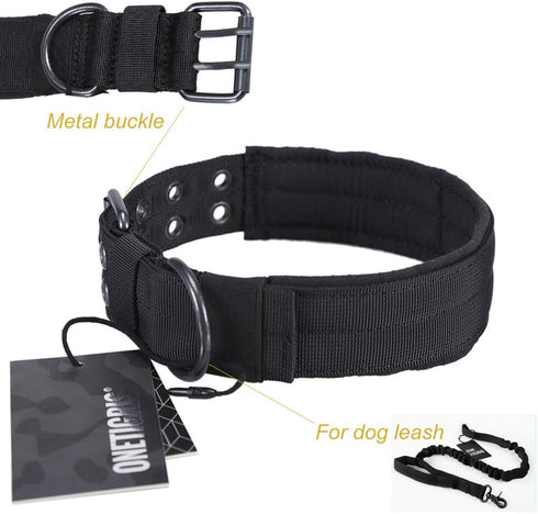 OneTigris Military Adjustable Dog Collar, Metal D Ring & Buckle, 2 Sizes, Black, M