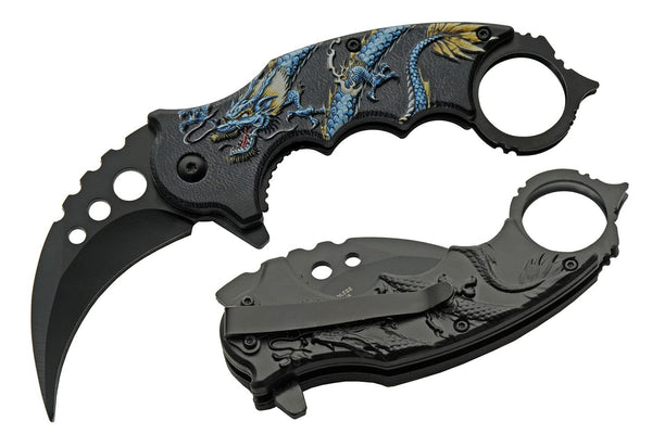 SZCO Supplies 300539-BL Dragon Liner Lock Curved Blade Folding Karambit Knife, Blue, 7" Length