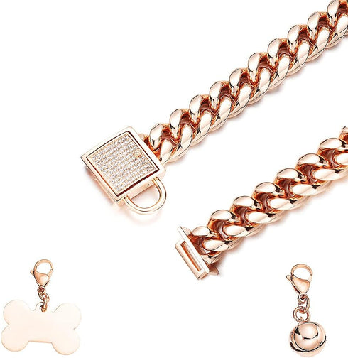 Rose Gold Dog Chain Collar with CZ Design Buckle - Stainless Steel Cuban Link Collar for Boys Girls (14mm, 24'')