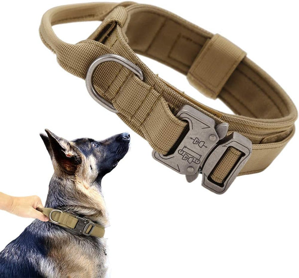 Tactical Dog Collar, Adjustable Military Nylon Dog Collar with Heavy Duty Metal Buckle and Handle for Training, Brown, L