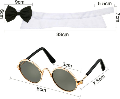 2 Pieces Pets Dog Cat Bowtie Tie Sunglasses, Adjustable Formal Necktie Collar for Cats Small Dogs (Black White)