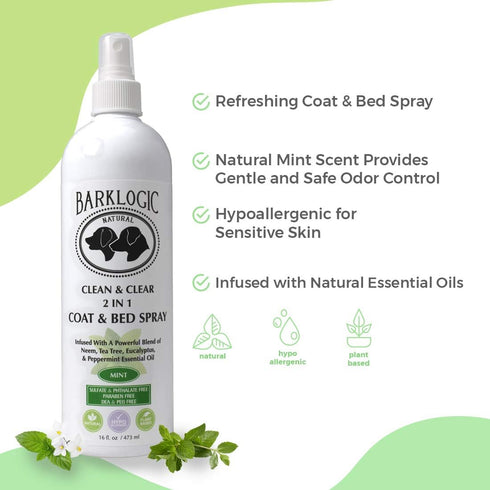2in1 Dog/Puppy Coat & Bed Spray, Sensitive Skin, Essential Oils, Refreshing Scent, 16 oz - Mint