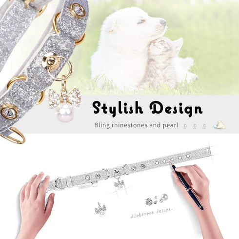 PetsHome Cat Collar, Bling Rhinestones PU Leather Adjustable Pet Collar with Luxury Pendant for Cat and Small Dog