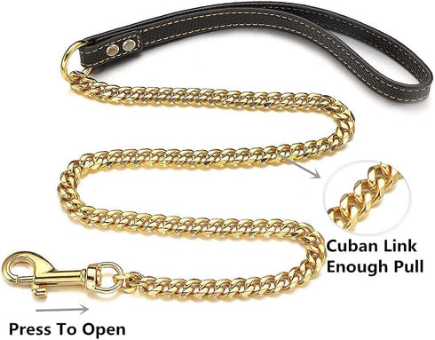 18K Gold Dog Chain Leash, 11MM Solid Chew Proof 316L Stainless Steel Cuban Link with Smooth Leather Handle (4ft)