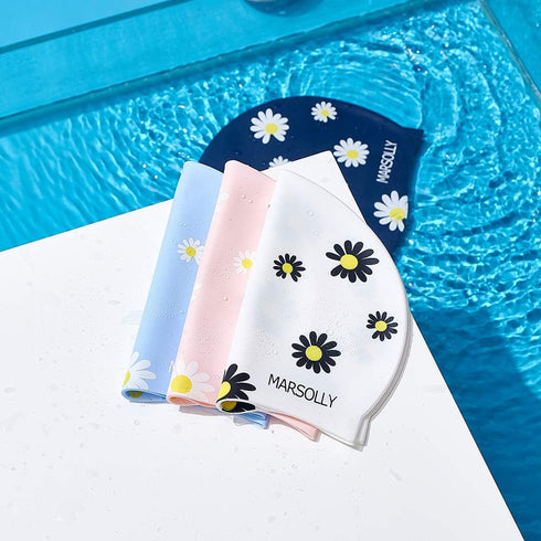 Silicone Swim Cap for Women, Waterproof Long Hair Swimming Cap with Flower Print
