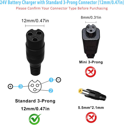 Generic 24V E300 E200 E150 E125 E100 MX350 3-Prong Electric Scooter Charger for Razor Dirt Bike Pocket Mod Sports Mod