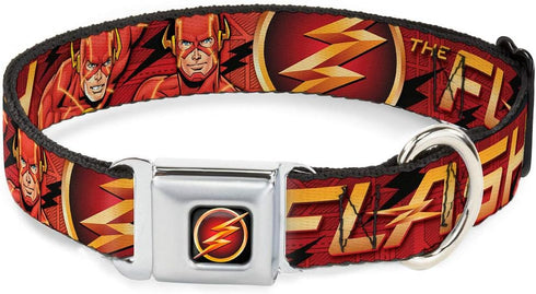 Buckle-Down Dog Collar Seatbelt Buckle The Flash Logo 3 Poses Black Red Gold, 1.0 Inch Wide - Fits 9 to 15 Inches