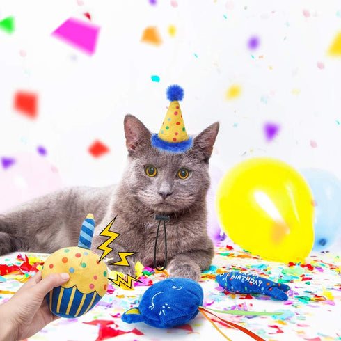BINGPET Cat Birthday Catnip Toys, Cat Birthday Hat, Bandana and Cake Interactive Plush Kitten Chew Toys