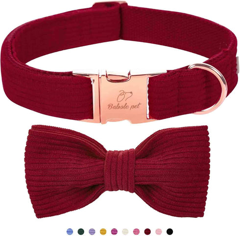 Wine Red Dog Collars for Large Dogs, Cute Corduroy Collar with Bow Tie, Adjustable Safety Metal Buckle, L-Neck 16"-24"