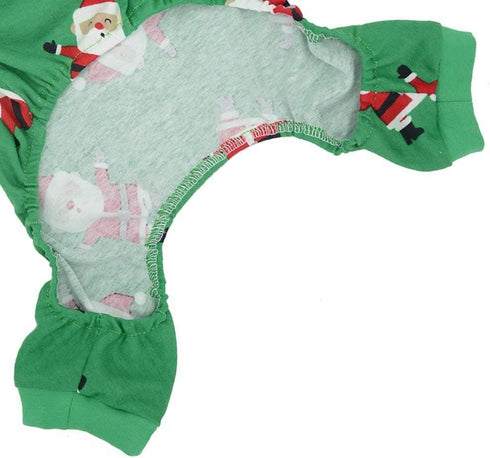 Cute Santa Claus Christmas Dog Pajamas PJS, Green Holiday Pet Clothes Jammies Onsie, Back Length 12" Small