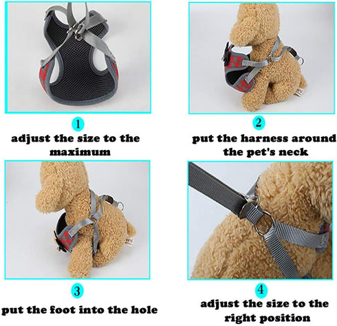 Dog Harness and Leash Set: Soft Mesh No Pull Vest with Bowtie for Small Dogs & Cats (Large, Grey Plaid)