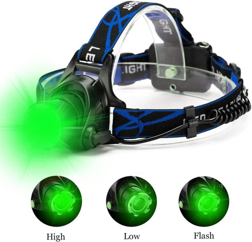 Green LED Headlamp Waterproof Head Torch Light with Zoomable and 3 Modes for Outdoor Activities