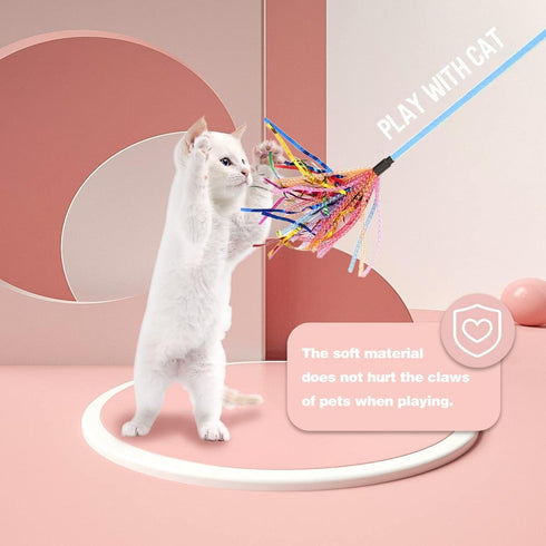 Cat Toy Wand 2PCS Interactive Feather Toy with Sound Paper Tassels, Pink+Blue