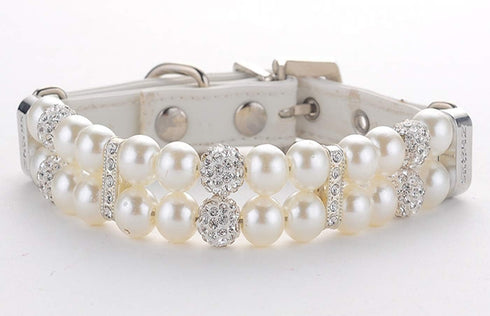 KUDES Dog Cat Pearl Collars with Crystal Rhinestone, Adjustable Cute Fashion Pet PU Leather Necklace for Small Dogs