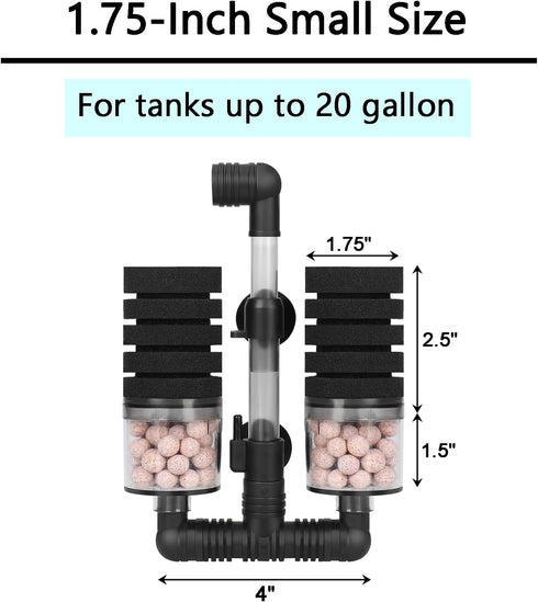 2 AQUANEAT Aquarium Air Powered Sponge Filter with Ceramic Media Balls, for Betta Fry Shrimp Fish Tank, with Spare