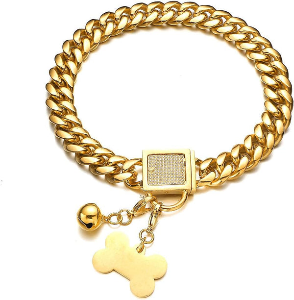 Gold Dog Chain Collars with ID Tag and Bell, 10mm/14mm/18mm 18k Stainless Steel Miami Cuban Link Chew Proof (18mm,