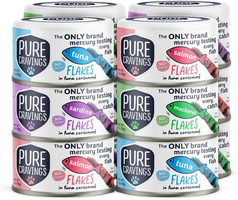 Flakes in Tuna Consommé, Canned Wet Cat Food Soup, 100% Mercury-Tested, Grain-Free Protein, Non-GMO, 3oz, Variety Pack