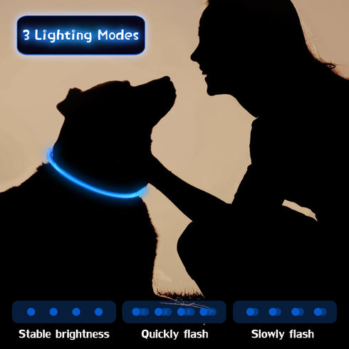 3 Pieces LED Dog Collar Light Up, Rechargeable Adjustable for Night Walking, Large Medium Small Dogs, Blue, Classic