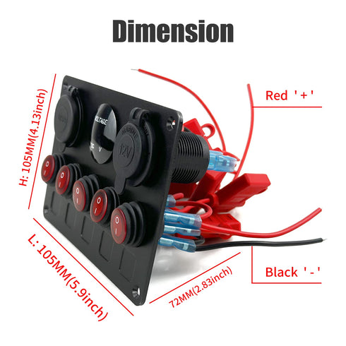 FXC 5 Gang Rocker Switch Panel with Dual USB Slot, Cigarette Lighter, Voltmeter for Marine Boat Car RV 12-24V