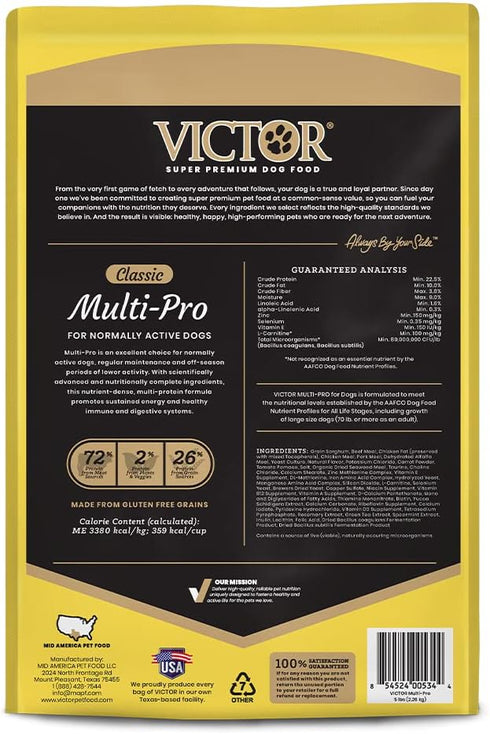 Victor Super Premium Dog Food – Multi-Pro Dry Dog Food, Gluten Free with Beef, Chicken and Pork Protein, 5 lb