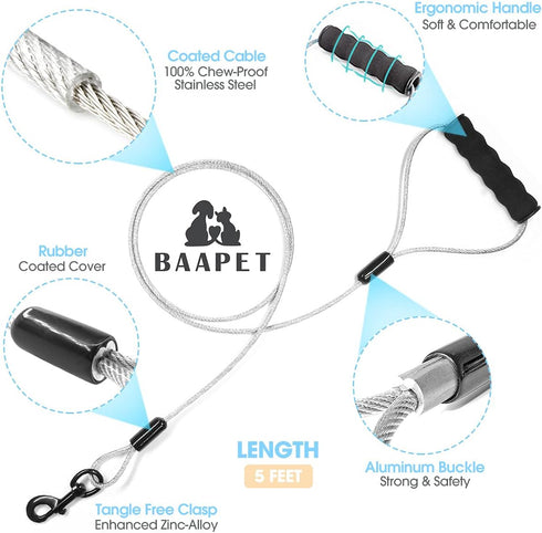 BAAPET 5 Feet Chew Proof Dog Leash with Coated Steel Cable & Soft Padded Handle for Small, Medium, Large Dogs