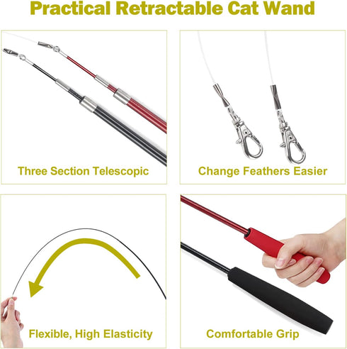 Interactive Cat Toys - Retractable Wand Toy and Feather Toys Refills for Indoor Cats