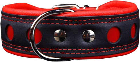 Dogs My Love Real Leather Soft Padded Dog Collar Reflective (13.75"-16.25" Neck; 1.75" Wide, Black/Red)