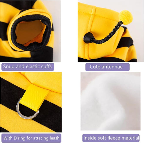 Halloween Dog Bee Costumes, Yellow Bumblebee Hoodies for Small Dogs, Winter Cat Clothes, Chihuahua, D-Ring, Small