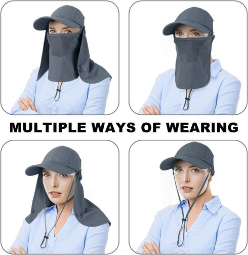 Foldable Sun Cap Fishing Hats, UPF 50+ Protection Caps with Face Mask Neck Flap