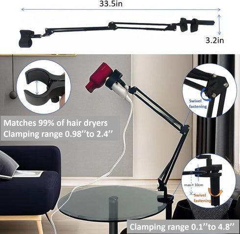 Dog Hair Dryer Holder, Pet Grooming Table Hair Dryer Stand Hands-Free 360° Rotating Blow Dryer Holder with Adjustable Clamp Mount