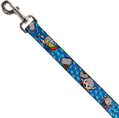 Buckle-Down Pet Leash - Kawaii Thor Poses/Hammer Monogram, Blues, 4 Feet Long, 1.5" Wide