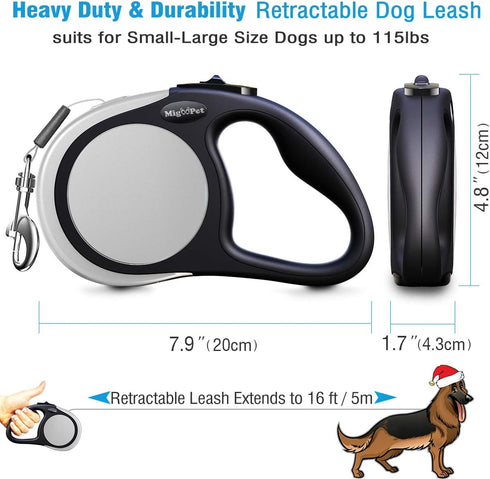 Heavy Duty Retractable Dog Leash 16ft, Strong Durable Walking Leash for Medium-Large Dogs up to 45/115 lbs, Grey