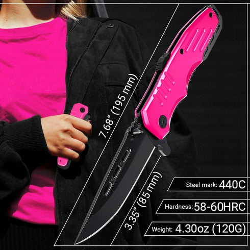 Spring Assisted Pink Pocket Knife for Women - Cute Self Defense Knife - Hot Pink Folding Knife - Mothers Day Gift